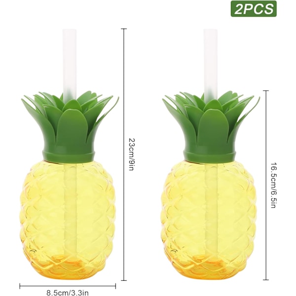 Ananasmuggar, 2 st hawaiianska återanvändbara ananascocktailmuggar med sugrör och avtagbart lock, genomskinliga ananasdryckesmuggar