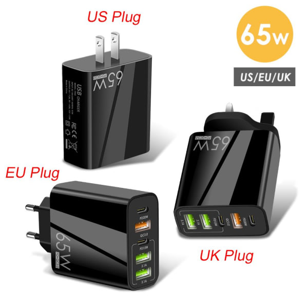 USB C-lader Hurtiglading 65W Type C-lader EU-plugg sort