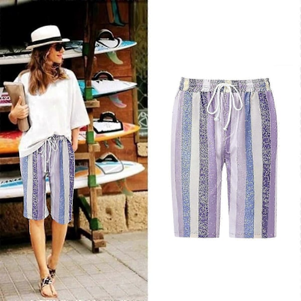Herr Casual Bomull Linne Shorts, Sommar Färgblock Randiga Dragsko Midja Shorts Purple XXL