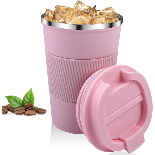 Coffee Mug 380mL Pink, Coffee Thermos to Go 304 Stainless Steel Reusable Non-Drip Thermal Coffee Cup for Car