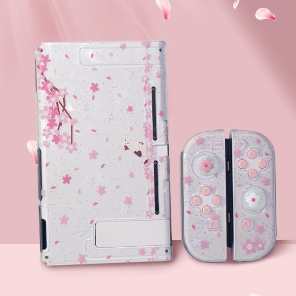 Beskyttende deksel i TPU for Nintendo Switch - Glitrende rosa NS-jente med kirsebærblomster-tema Cherry blossom joystick cap