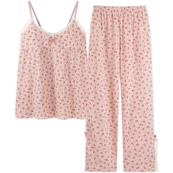 Dam pyjamas set, dam korta pyjamas sexiga andningsbara tvådelade nattkläder söta rosa blommiga pyjamas set spets camisole topp pyjamas byxor loungewear M