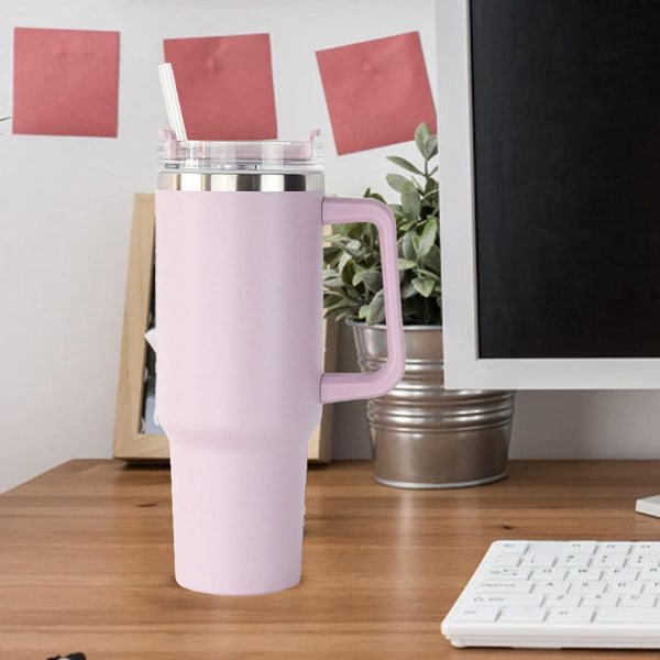 Vannflaske i rustfritt stål | Krus med sugerør og håndtak | Lekksikker vakuumisolert vannflaske for varm iskaffe (lyse rosa)