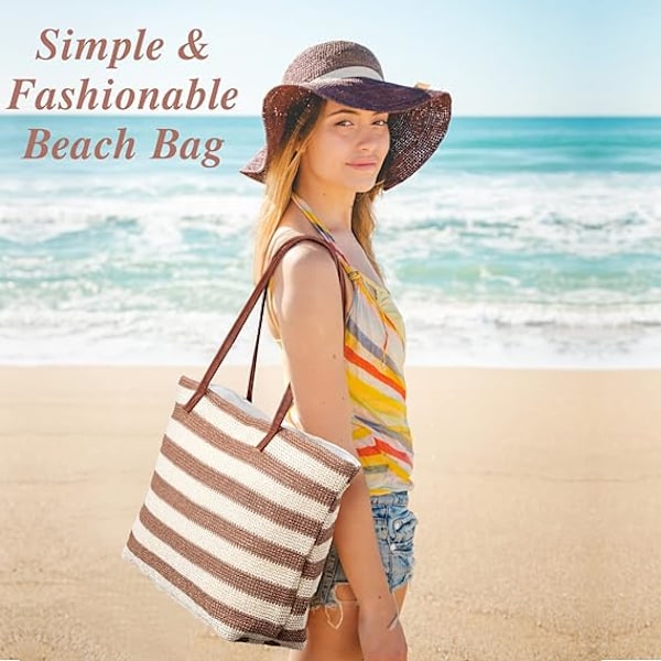 Sommer Strand Tote Taske Blød Tote Taske med Lynlås Boheme Damer med Striber Rejse, Fitness, Shopping, Ferie Picnic Khaki