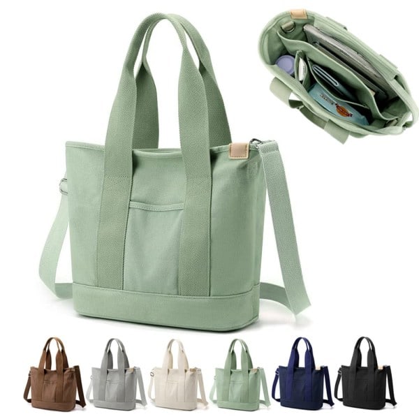 Multi-lommet Tote Bag med lynlås, Canvas Japansk Håndlavet Håndtaske med Rum, Multifunktionel Skuldertaske Green