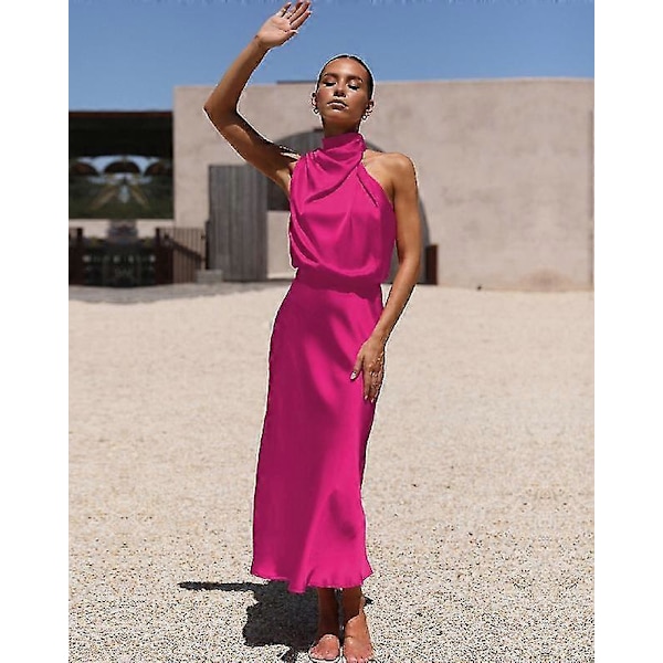 Lång formell sommarklänning i satin för dam, ståkrage, ärmlös, sidoslits, böljande maxiklänningar pink XL