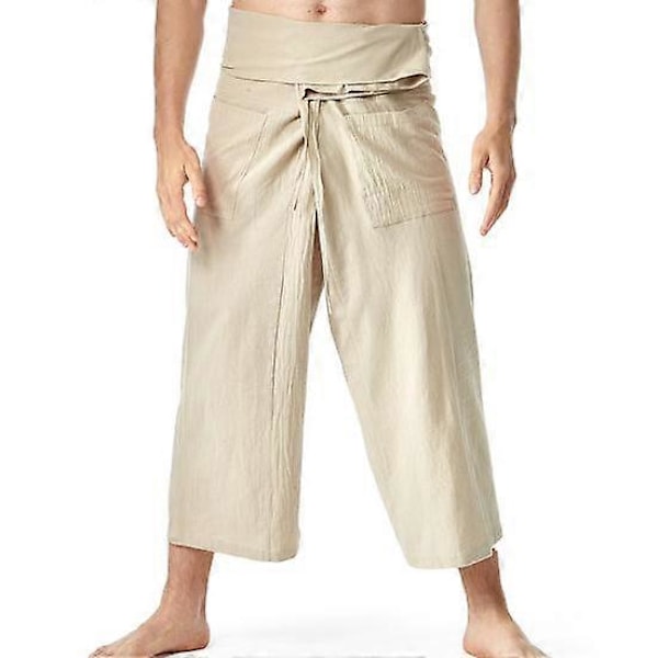 Thai Fisherman Bukser Stilige Ensfargede Lin Yoga Bukser Løstsittende Herre Yoga Bukser Thai Fisherman Bukser Hverdagsliv khaki