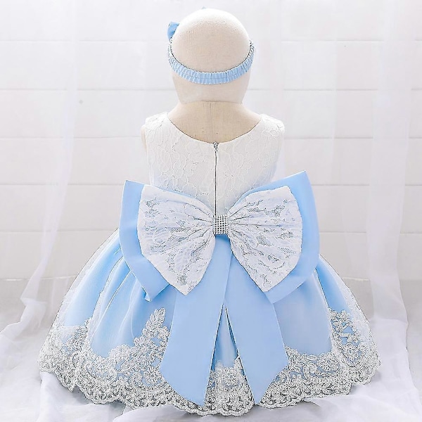 Blomsterpiger Brudepigekjole Baby Børn Fest Blonde Sløjfe Bryllupskjoler Prinsesse Blå 70cm