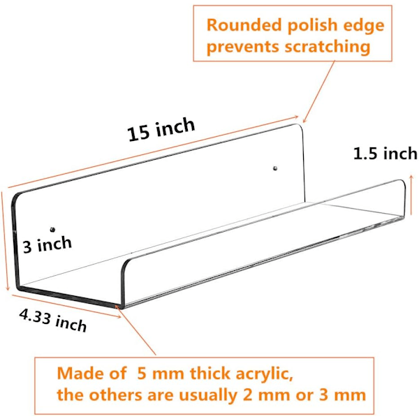 Seinään kiinnitettävä akryylinen kelluva hylly 15 tuuman läpinäkyvä reunahylly, näkymätön lastenhuoneen kirjahylly Paksu kylpyhuoneen säilytyshyllyt