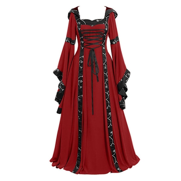 Medeltida Kvinnor Klänningar med Huvor Gotisk Renässans Drottning Cosplay Lång Klänning Kvinnlig Retro Fancy Kläder Halloween Red XL