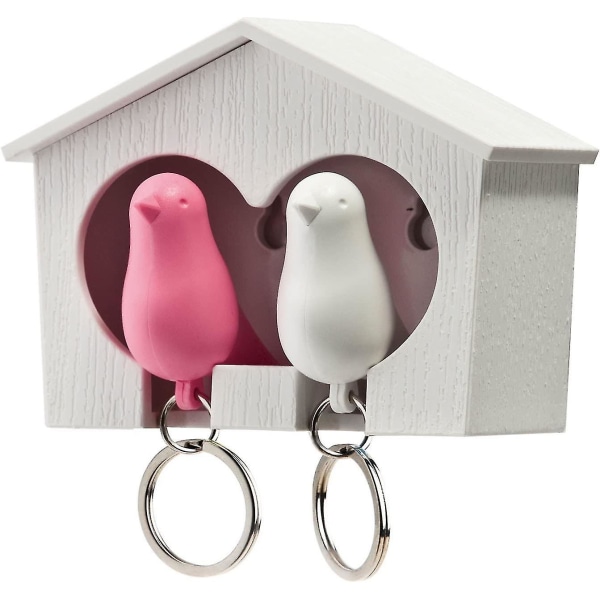Avaimenperä, rumpu avaimenperäteline kahdella varpusella Design valkoinen/vaaleanpunainen pink
