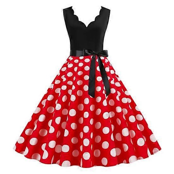 Dame Midi Kant V-hals Høj Talje Snørekjole Blomster Sløjfe Dekoration Ærmeløs A-linje Løs Kant Prikprint Retro 50'er red,white M