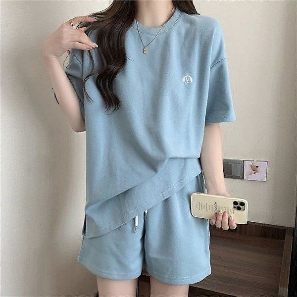 Sommerantrekk for dame, korte sett, koreansk motedress, avslappet O-hals, shorts og korte ermer, todelt sett pink XXL