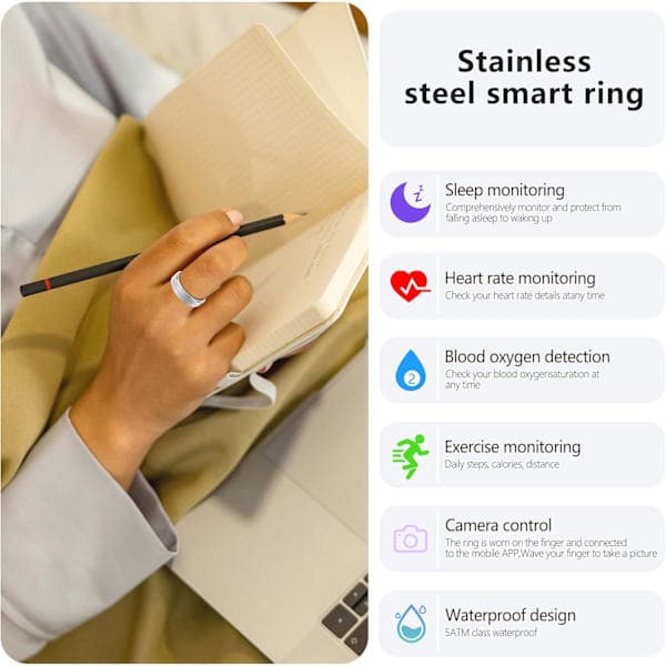 Smartring med aktivitetsmåler, funksjoner som skritteller, søvnmonitor, vanntett og lang batteritid, kompatibel med iOS og Android. silver No. 12