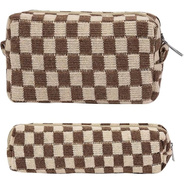 2 st Rutiga Kosmetiska Väskor Pennfodral Bärbar Resa Toalettväska Rutnät Pennväskor Makeup Borstar Förvaringsväska Stationery Organizer Väska Brown
