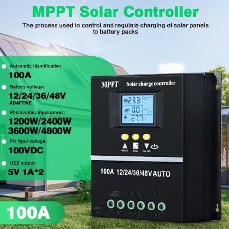 100A MPPT Solar Charge Controller – Dubbla USB-portar – Bakgrundsbelyst LCD-skärm – Max ingång 100V DC – Kompatibel med bly-syra litiumbatterier