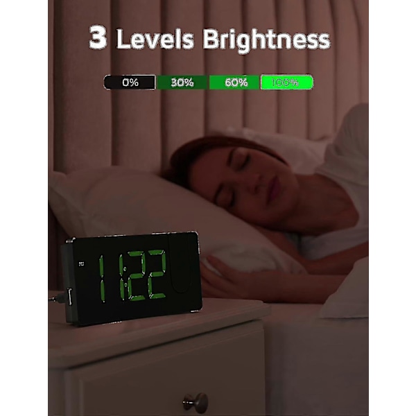 Projektionsväckarklocka, Digital klocka med 180° roterbar projektor, 3-nivås ljusstyrka dimmer Boris S-green Digit