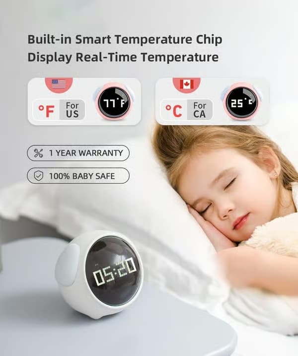 Smart vækkeur til børn med stemme- og natlys, dobbelt alarm, rumtemperatursensor, søvntræner og gave til drenge og piger