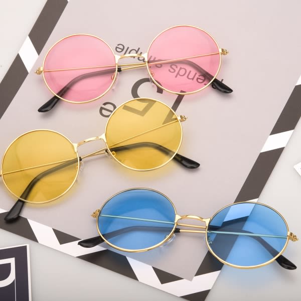 Pakke Hippy Solbriller - Runde Metalramme Solbriller Retro Circle Briller til Fancy Dress Hippie Kostume Tilbehør (Pink, Blå, Gul)