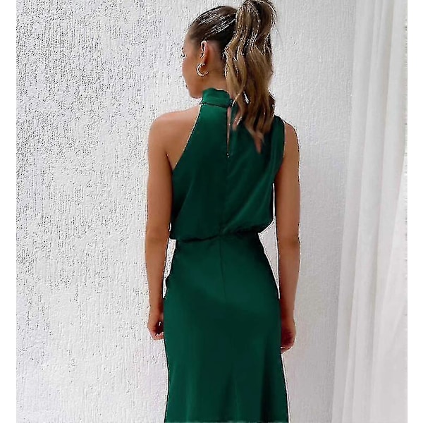 Sommerkjole i sateng for kvinner, uten ermer, plissert og lang Dark green XL