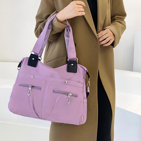 Multi Stor Kapacitet Vandtæt Lomme Nylon Taske Dame Tote Skuldertaske 100% Ny Purple