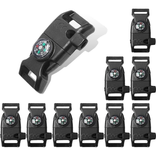 10-pack svart 5/8\" kompass flintskrapa tändstål visselpipa spänne plast paracord armband utomhus camping nöd resepaket (svart)