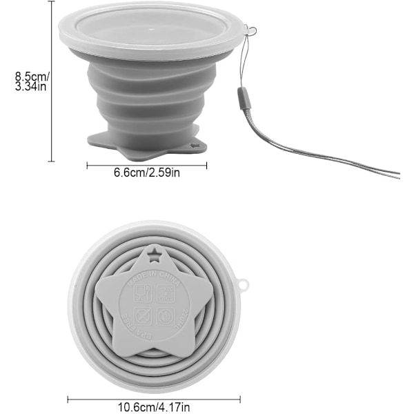 Sammenklappelig silikonekop, foldbar, BPA-fri, bærbar, genanvendelig drikkekop med låg til rejser, udendørs camping, vandreture, grå Grey
