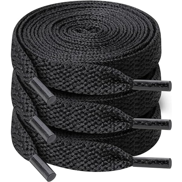 Three Piece Laces 8mm Wide Flat Laces for Sneakers Running Adults Kids (Black) 1.2m Long