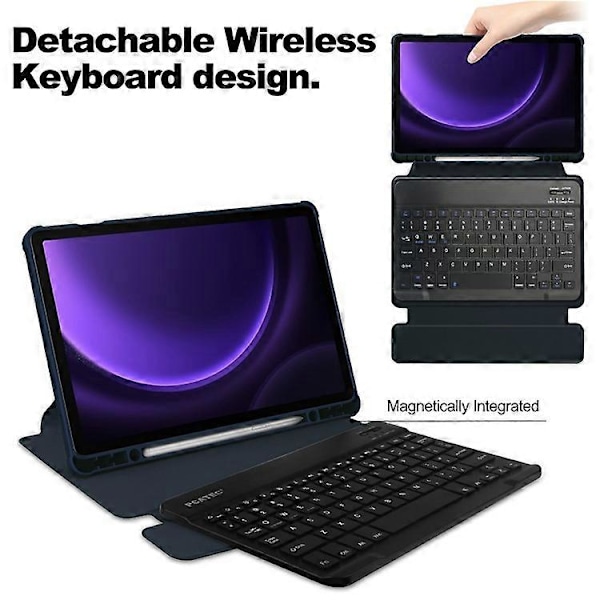 Kompatibelt Skal för Samsung Galaxy Tab S9 FE Läder+Akryl Roterande Ställskydd med Bluetooth-tangentbord DarkBlue