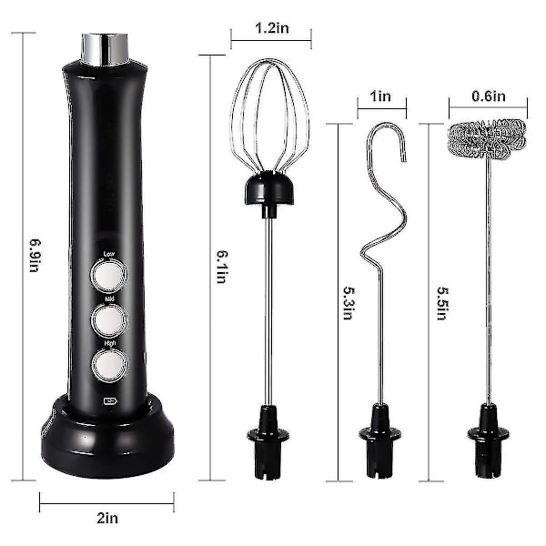 Melkeskummer Håndholdt, 3-trinns USB Oppladbar Elektrisk Visp, Mini Skummaker, Med 3 Rustfrie Visper Perfekt For Bulletproof Kaffe, Lattes, Cappuccino black