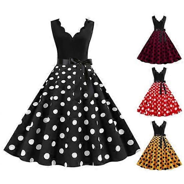 Dame Midi Kant Høy Midje Snøring Stram Kjole Blomster Sløyfe Dekor Ermeløs A-linje Løs Kant Prikket Retro 50-talls red,white M