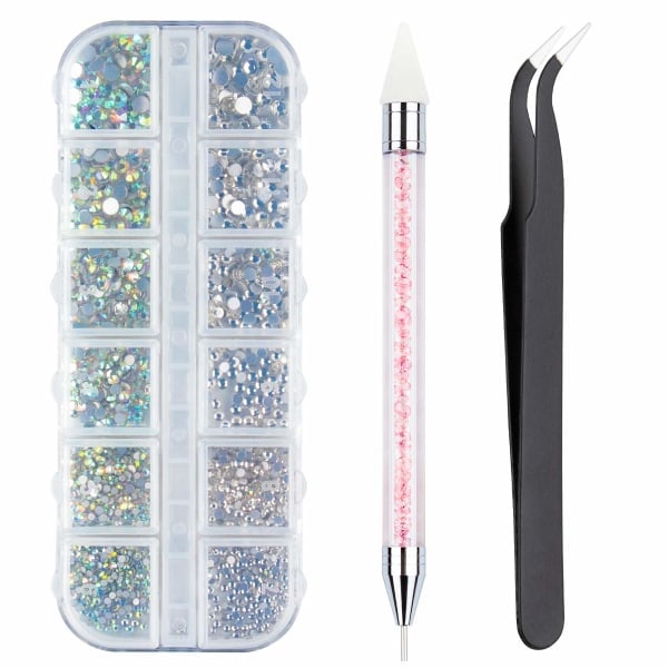 AB Nail Art Rhinestones Dekorationer Negle Sten til Nail Art Tilbehør og Klar Krystal Strass med Pick Up Pincet og Rhinestone Picker