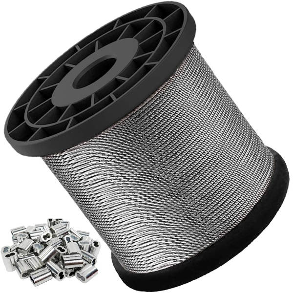 Wire, 1/16 Wire, 304 Rustfrit Stål Kabel, Flyvemaskine Kabel, Stål Wire, 328 Fod Med 30 Stykke Krympemuffer, Dressing Wire, Mesh Wire,