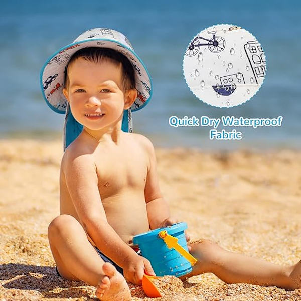 Solhatt Barn Sommar Bucket Hat Bred Brätte Strandhatt med Hakrem UPF50 Dinosaurie Flap Cap för Barn 2-10 År