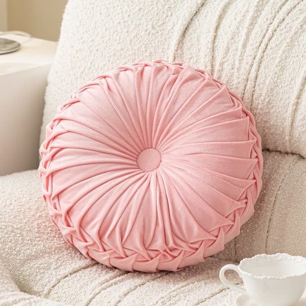Rund plissert pute Gresskarhjulpute Hånddekorerte puter Pute 38 cm Dekorative puter Rund pute til sofa soverom bil Rosa