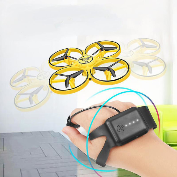 Bevegelseskontrollert drone med sensor og klokkefjernkontroll - gul