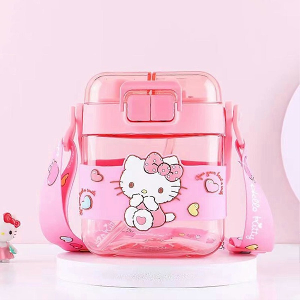 600 ml:n suuri vesipullo, sarjakuvakuvioinen avattava juomapullo toimistoon, työhön, kotiin ja urheiluun Pink Kitty