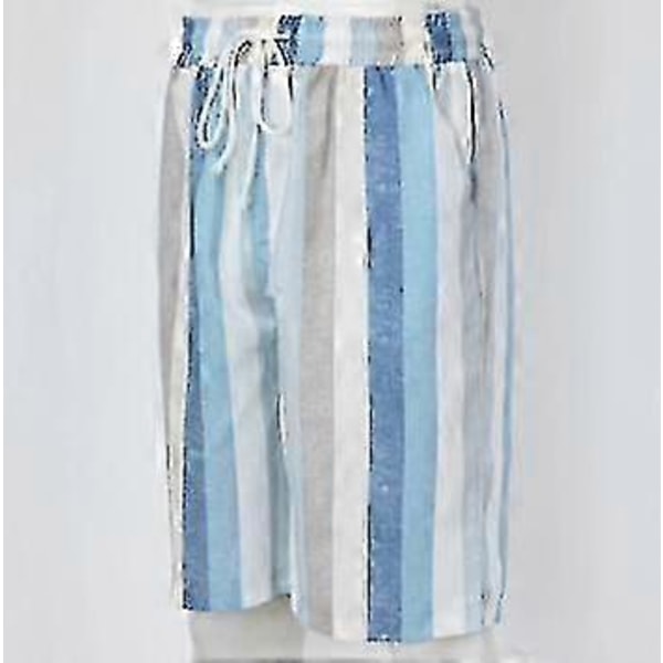 Herr Casual Bomull Linne Shorts, Sommar Färgblock Randiga Dragsko Midja Shorts Green M