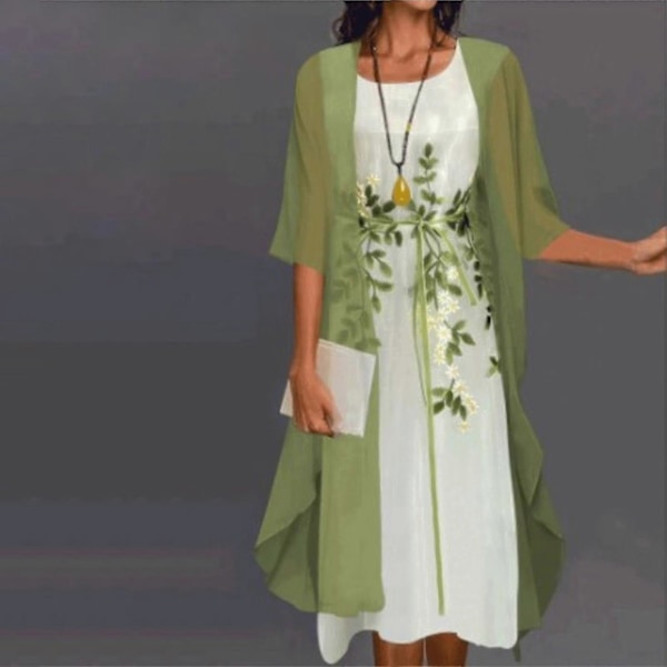 1 Sett Vår Sommer Kontordame Cardigan Kjole Blomsterprint Stor Kant Elegant Chiffon Kjolesett For Selskap Light Green 4XL