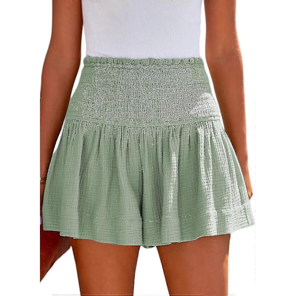 Dame Shorts Bomuld Høj Elastisk Talje Plisseret Flæse Sød Shorts Strand Flydende Afslappede Shorts S-xl Green Medium