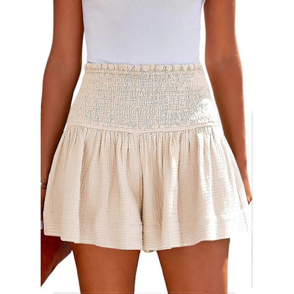 Damshorts Bomull Hög Elastisk Midja Plisserade Volang Söta Shorts Strand Flödande Vardagsshorts S-xl Beige Large