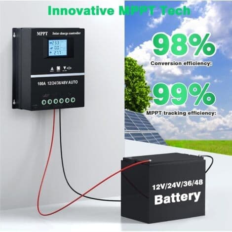 100A MPPT Solar Charge Controller – Dubbla USB-portar – Bakgrundsbelyst LCD-skärm – Max ingång 100V DC – Kompatibel med bly-syra litiumbatterier