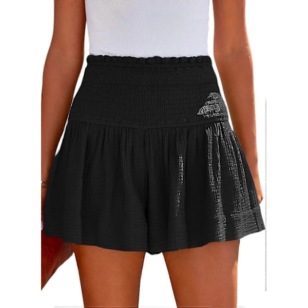 Damshorts Bomull Hög Elastisk Midja Plisserade Volang Söta Shorts Strand Flödande Casual Shorts S-xl Black Small
