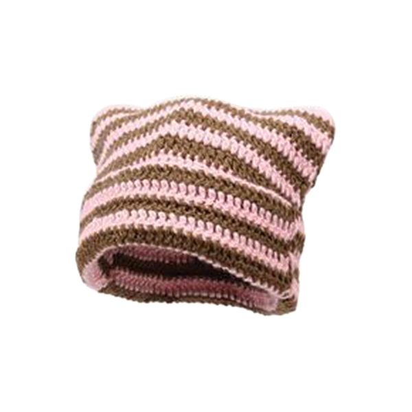 Naisten Beanie-pipo Pieni Paholainen Raidallinen Neulotu Wool Hat Talvi Kissan Korvat Hattu Pink Coffee