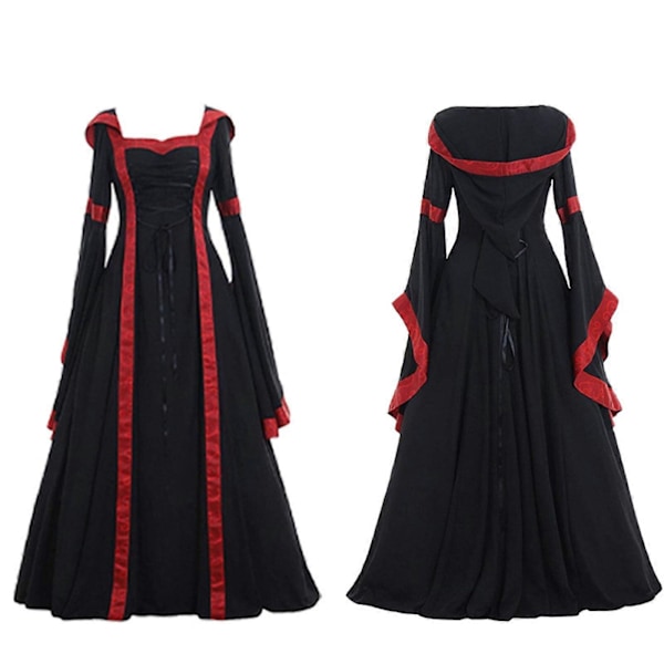 Medeltida Kvinnor Klänningar med Huvor Gotisk Renässans Drottning Cosplay Lång Klänning Kvinnlig Retro Fancy Kläder Halloween Red M