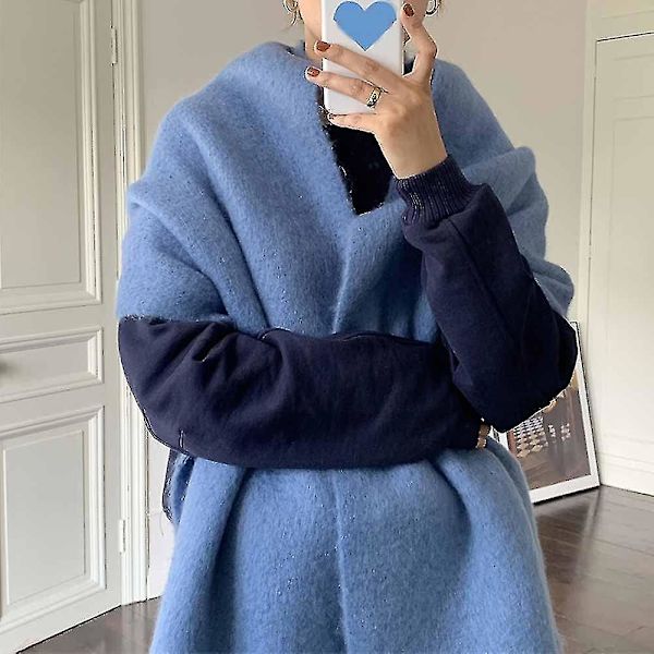 Stor Chunky Halsduk Färgglad Kashmirkänsla Överdimensionerad Halsduk Pläd Mjuk Stor Ull Sjal Tjock Vinter Varm Kvinnor Denim Blue
