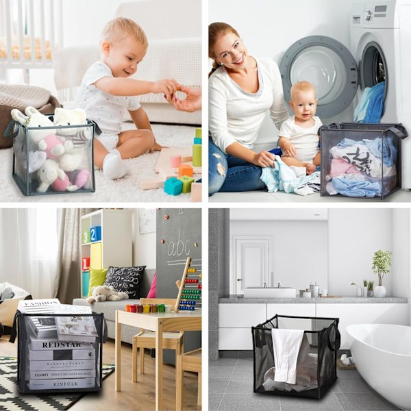 Verkkokankainen ponnahduspyykkikori kahvoilla, kannettava ja kokoontaitettava pyykkikori, taitettava säilytyskori pyykkitupaan, vaatteille, leluille 1 Pack Grey+1 Pack Black