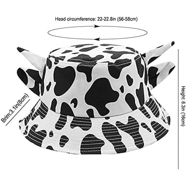 Unisex Lehmänkuvioinen Bucket Hat - Puuvillainen Lehmän Hattu Söpöillä Sarvikorvilla - Kesäinen Ranta-Aurinkohattu - Kalastajan Hattu - Ulkoilukorkki (Khaki Lehmänkuvio)
