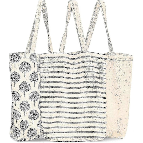 3-pack Återanvändbara Matkassar i Bomull 3 Olika Designer 38 x 42 x 9 cm