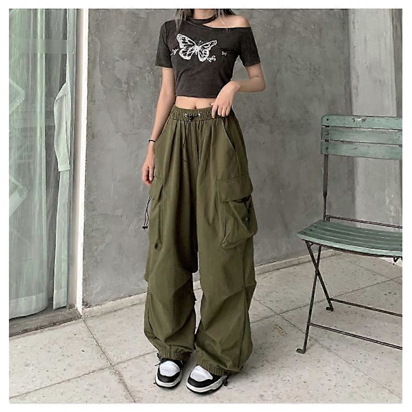 Streetwear Cargo -housut naisille, rennot vintage-tyyliset leveälahkeiset suorat housut, lenkkeilyhousut isoilla taskuilla, ylisuuret haalarit, collegehousut Green XL